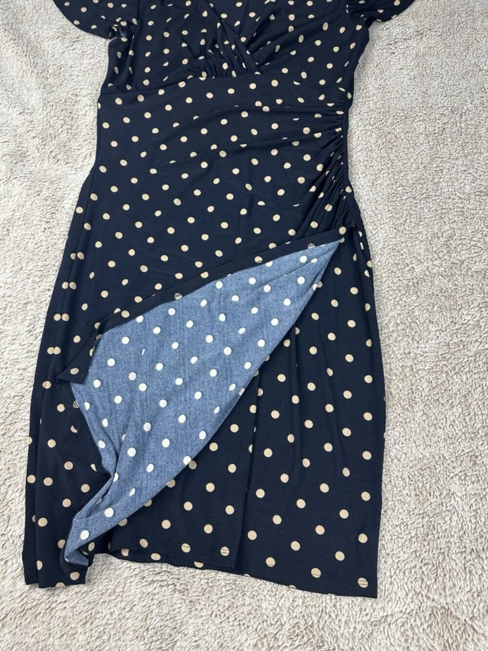 Lauren Ralph Faux Wrap Dress Size 8 Navy Blue & Tan Polka Dot Flutter Sleeves - Picture 5 of 11